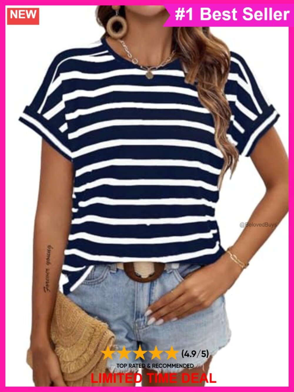 Women's Striped Short Sleeve Batwing T-Shirt Cotton Blend Loose Fit Casual Top